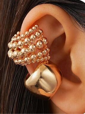 Gold Double Ear Cuff Set - Chunky Beaded & Smooth Huggie